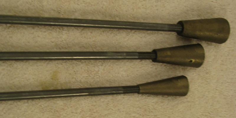 Dehorning Irons Set of 3 - Brass head is heated and applied over horn button. Horn sloughs off in 4 to 6 weeks. Set includes a small iron (5/8" I.D., 3/8" deep), a medium iron (3/4" I.D., 3/8" deep), and a large iron (7/8" I.D., 1/2" deep). Also can be used to stop bleeding following horn removal, heat with propane or wood fire.