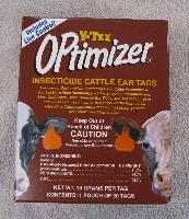 Optimizer Insecticide Ear Tags 20 cnt Box - OPtimizer is an economical organophosphate tag containing 21.4% diazinon that performs well in areas with horn fly pyrethroid resistance. Controls horn flies, Gulf Coast ticks, spinose ear ticks, lice and aids in control of face flies up to 5 months with two tags per head. Approved for use on beef and non-lactating dairy cattle. OPtimizer is ideal for rotation with PYthon? to help manage horn fly resistance to insecticides.Cow size, 15 gram. Bright orange color. Apply with Y-Tex applicator (hollow) pin.