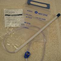 Calf Feeding Bag - This is an easy-to-use device for rehydrating dehydrated calves. The clear collapsible bag, with graduated markings from 500 mL to 2500 mL, has a large handle for carrying and hanging. Zippered opening allows for easy filling and cleaning. Features a 17? rigid probe with a rounded end that is designed for easy introduction into the esophagus, and preventing tracheal introduction on most calves. Clear tubing is approximately 33? long. Convenient on/off flow clamp included.