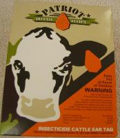 Patriot Insecticide Ear Tags 20 cnt Box - Injection-molded ear tags contain 40% diazinon or 6000 mg diazinon per tag. Uses a patented copolymer release technology. Use on beef and non-lactating dairy cattle to control horn flies, Gulf Coast ticks, spinose ear ticks and also as an aid to control face, stable and house flies along with lice. Proven to be effective against pyrethroid resistant horn flies for up to 5 months (two tags per head). Apply with Allflex Global (blunt red) applicator pin.