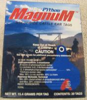 Python Magnum Insecticide Ear Tags 20 cnt Box - A sustained-release, plastic ear tag containing a synergized formulation of zeta-cypermethrin, a potent, enriched S-isomer pyrethroid compound that has excellent activity against many pests, including horn flies that are resistant to certain other insecticides. Larger net weight of 15.4 grams per tag provides greater insecticide release for maximum effectiveness against horn flies and other ectoparasites. Apply with Y-Tex applicator (hollow) pin. 