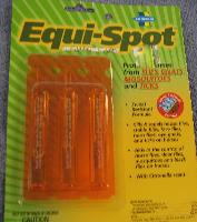Equi Spot On for Horses - Equi-Spot kills and repels house flies, stable flies, face flies, horn flies, eye gnats, and ticks, and helps control horse flies, deer flies, mosquitoes and black flies. Packaged with three 10-mL tubes per blister pack. Citronella scented, sweat-resistant formula. Contains permethrin, 45.0% and oil of citronella, 33.2%.