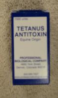Tetanus Antitoxin 1500 unit vial - Recommended for use in domestic animals (horses, cattle, sheep and swine) as an aid in preventing and treating tetanus. Confers immediate passive immunity lasting about 7-14 days. Administer SQ or IV. Use in animal with no history of tetanus immunization that obtain wounds or sole abcesses requiring immediate protection from tetanus.